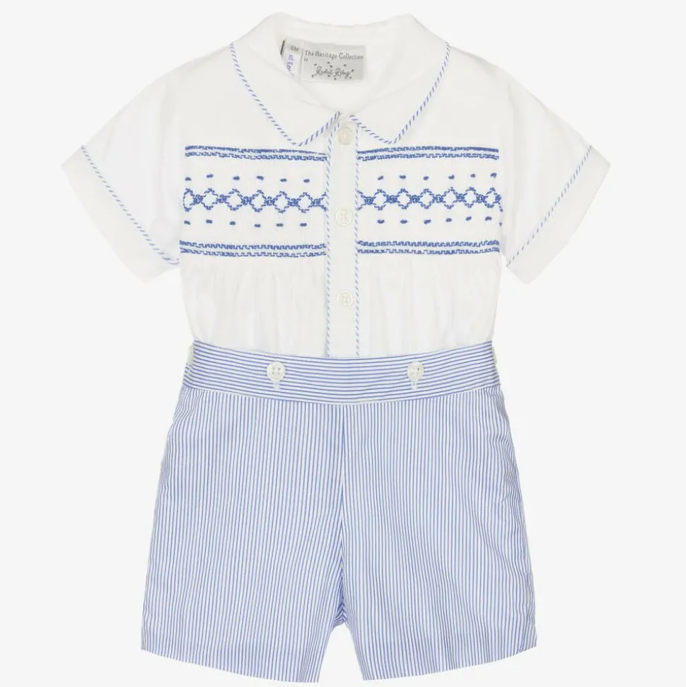 Baby Boys Blue Cotton Smocked Buster Suit