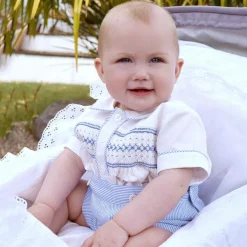 Baby Boys Blue Cotton Smocked Buster Suit