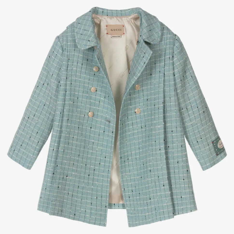 Baby Boys Blue Damier Wool Check Coat