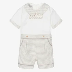 Baby Boys Ivory & Beige Cotton Buster Suit