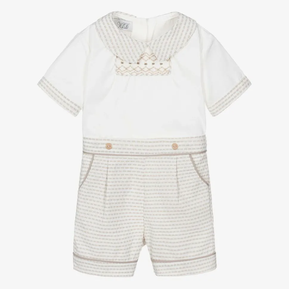 Baby Boys Ivory & Beige Cotton Buster Suit