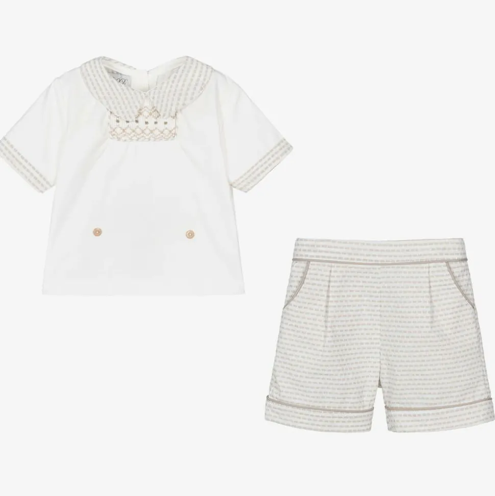 Baby Boys Ivory & Beige Cotton Buster Suit