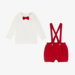 Baby Boys Ivory & Red Velvet Shorts Set