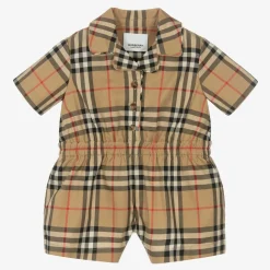 Baby Girls Beige Check Cotton Playsuit