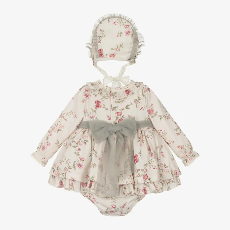 Baby Girls Beige Floral Print Cotton Dress Set