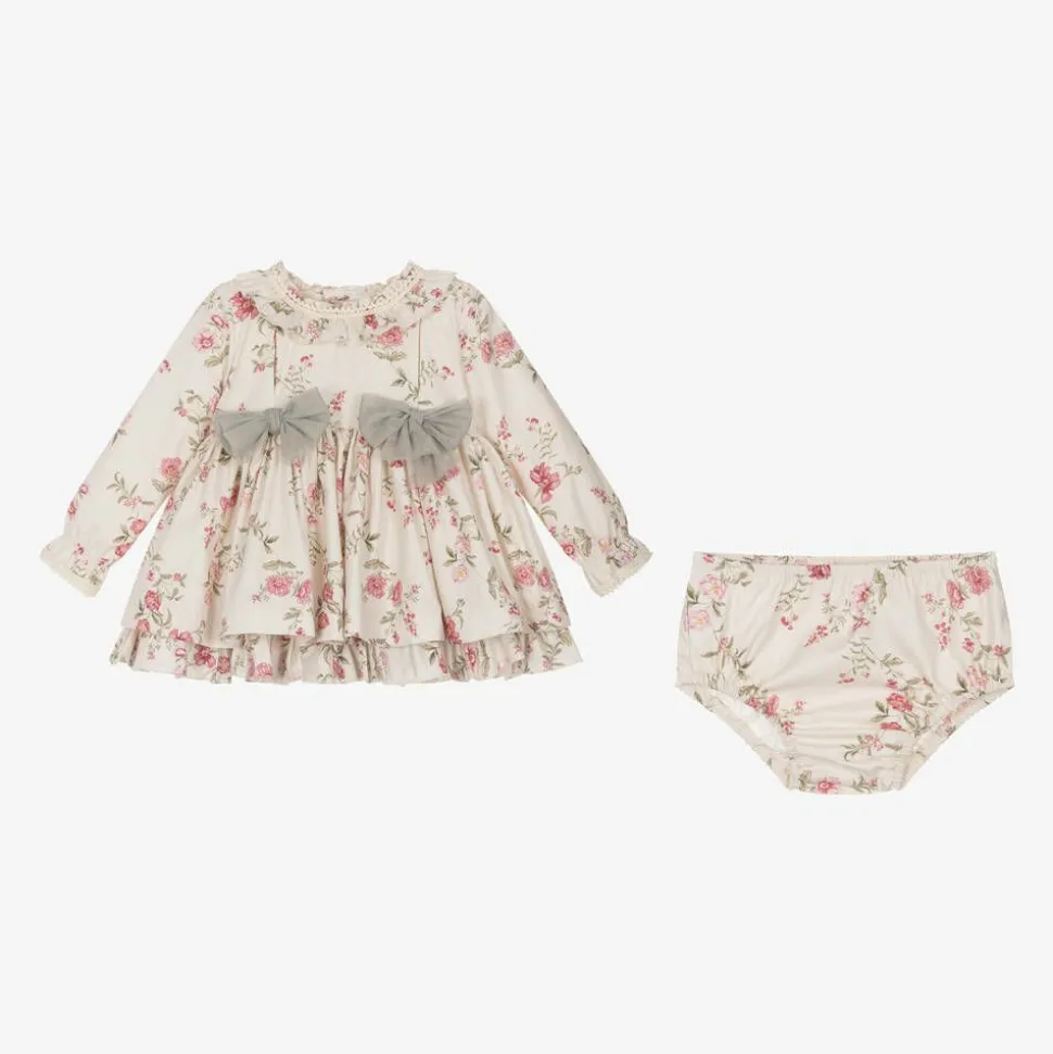 Baby Girls Beige Floral Print Cotton Dress Set