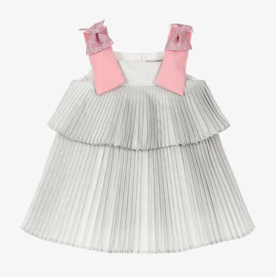 Baby Girls Glittery Silver Pleated Dress