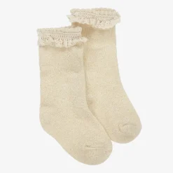 Baby Girls Ivory & Gold Cotton Lace Frill Socks