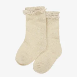 Baby Girls Ivory & Gold Cotton Lace Frill Socks