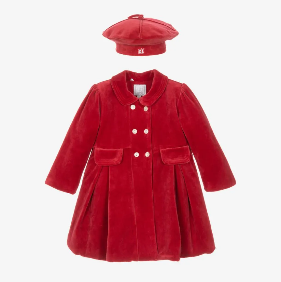 Baby Girls Red Velour Coat & Hat Set