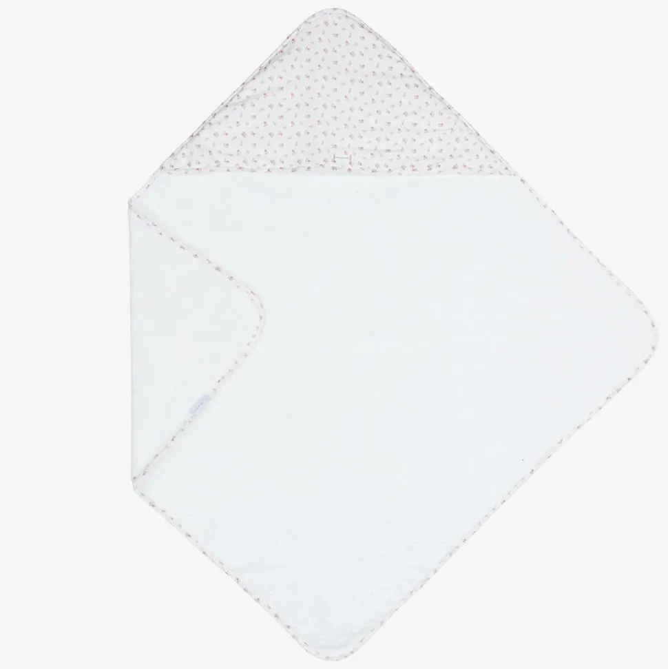 Baby Girls White Cotton Floral Hooded Towel