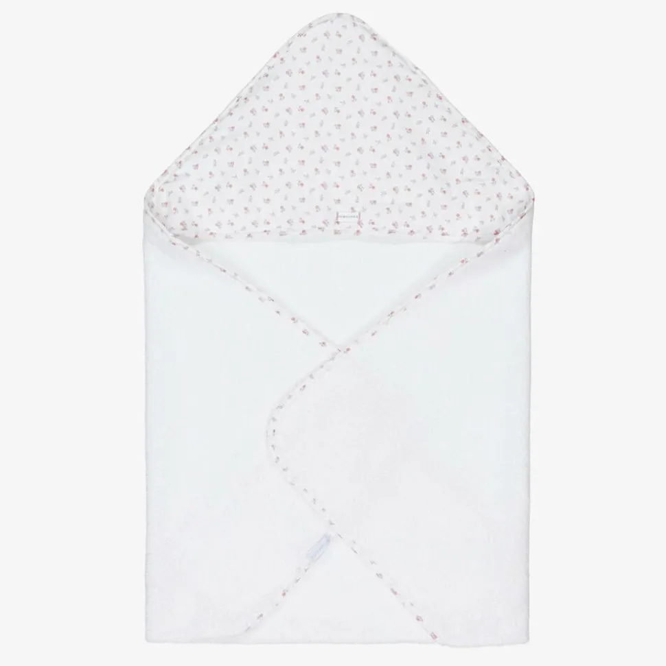 Baby Girls White Cotton Floral Hooded Towel