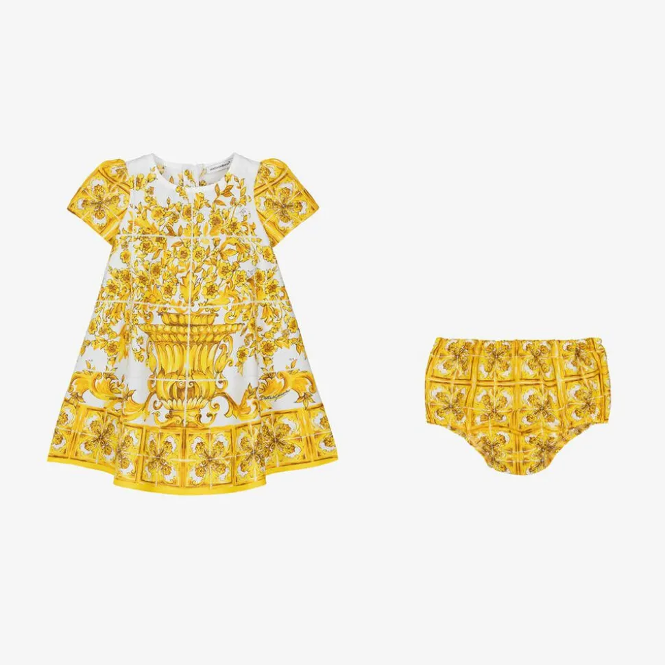 Baby Girls Yellow Majolica Print Cotton Dress