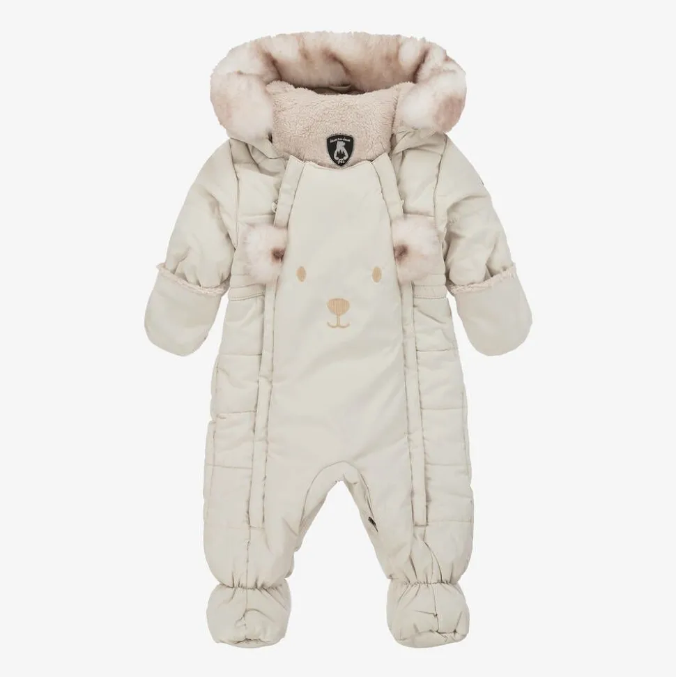 Beige Bear Snowsuit & Neck Warmer Set