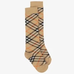 Beige Cotton Checked Knee Socks
