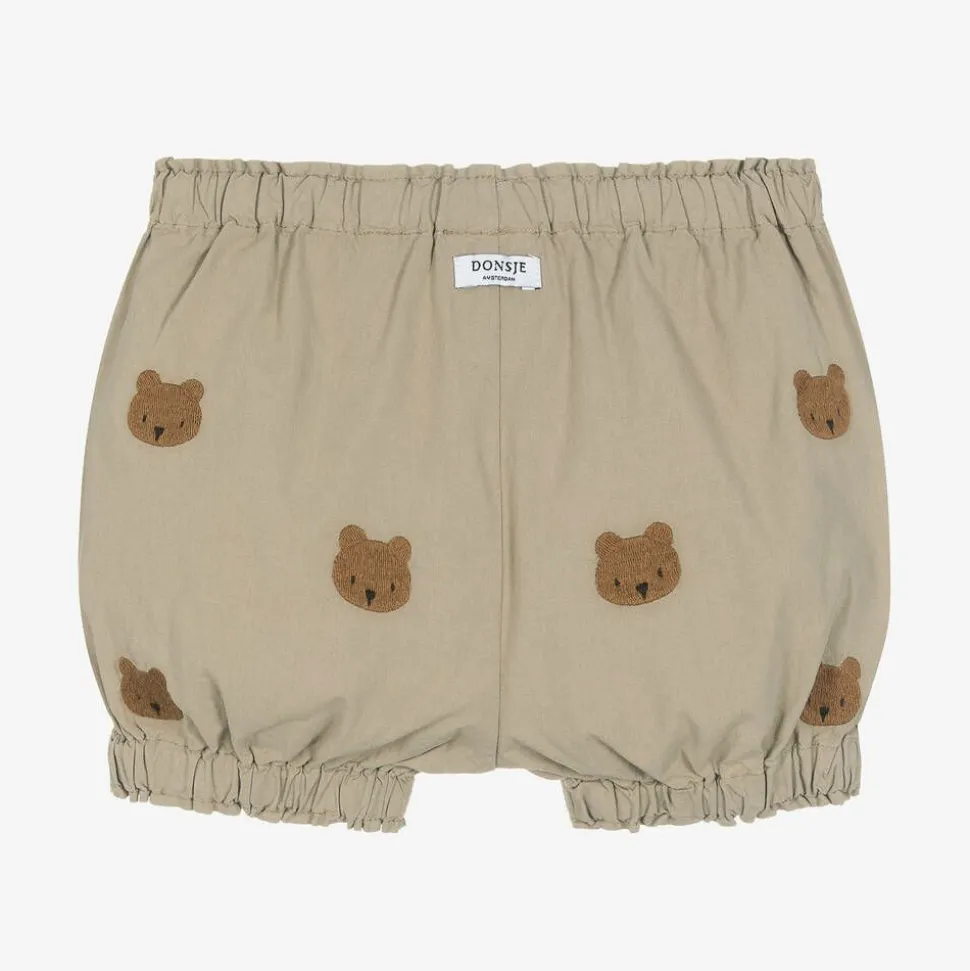 Beige Embroidered Cotton Teddy Bear Shorts