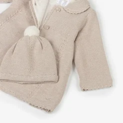 Beige Knitted Cotton Pram Coat & Hat Set