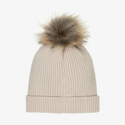 Beige Knitted Pom-Pom Hat