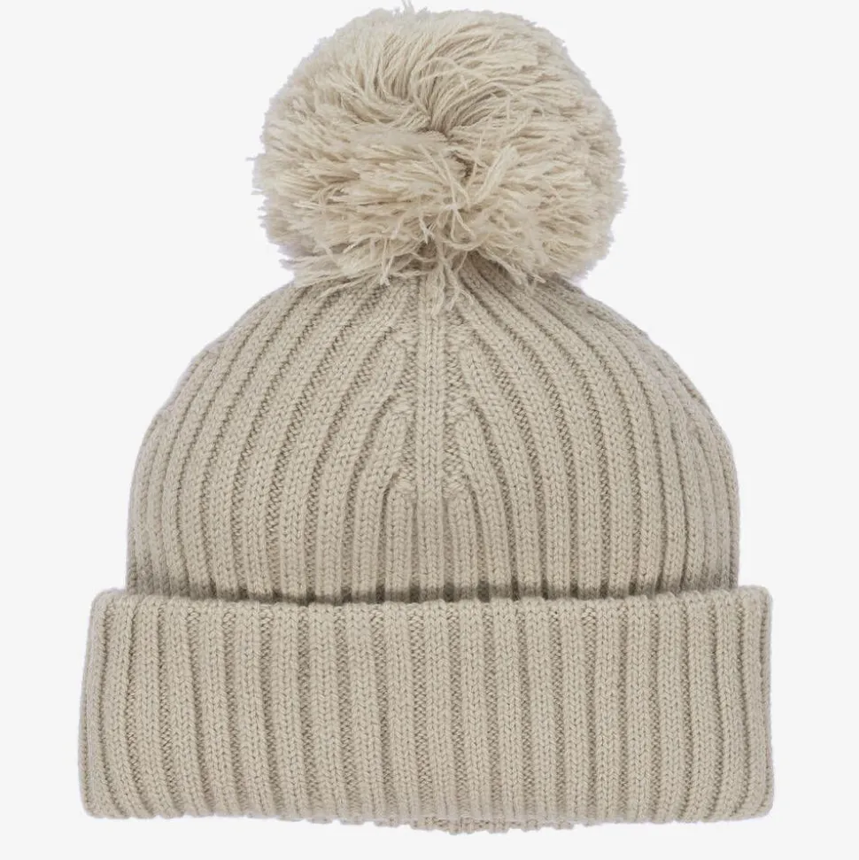 Beige Knitted Wool Pom-Pom Hat