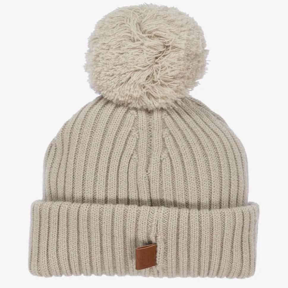Beige Knitted Wool Pom-Pom Hat