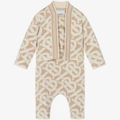 Beige Monogram Baby Romper Gift Set