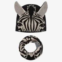 Black Wool Knit Zebra Hat & Snood Set