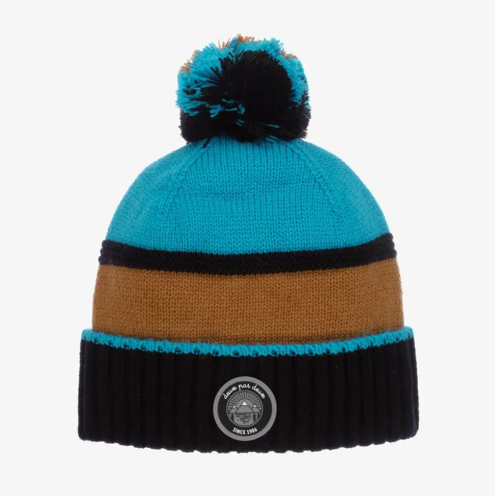 Blue & Brown Knitted Pom-Pom Hat
