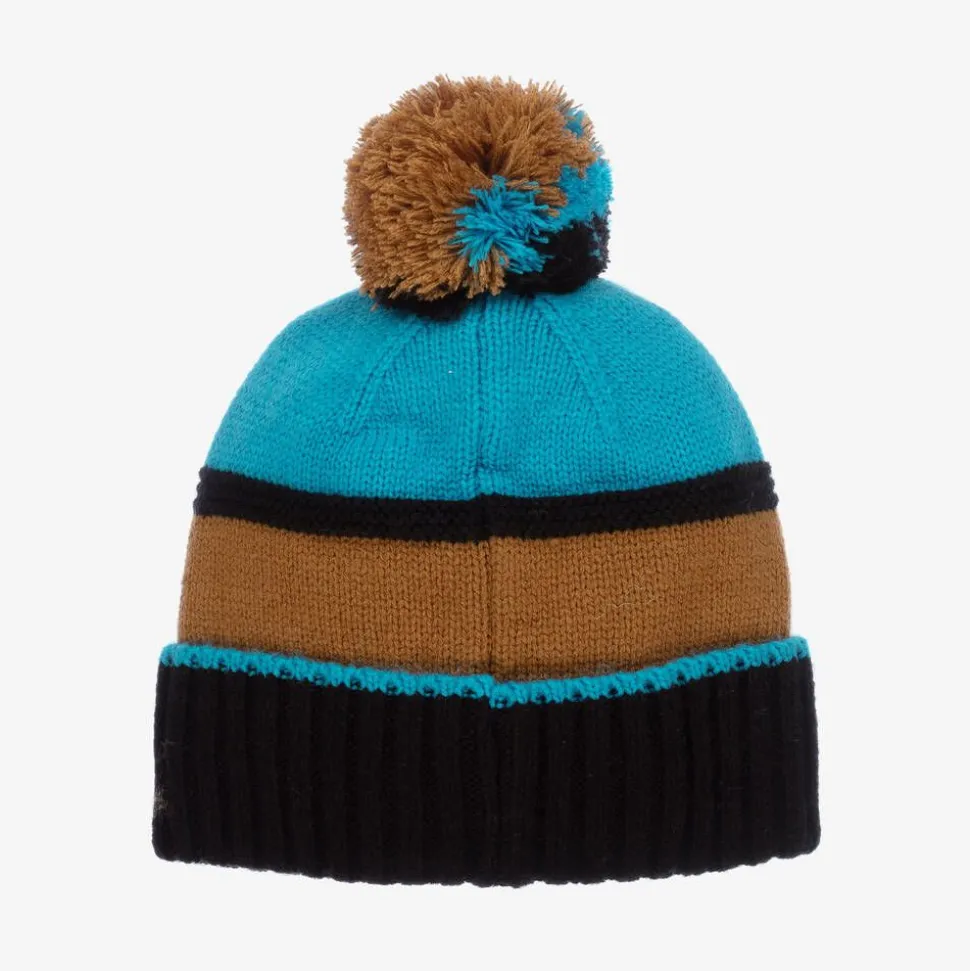 Blue & Brown Knitted Pom-Pom Hat