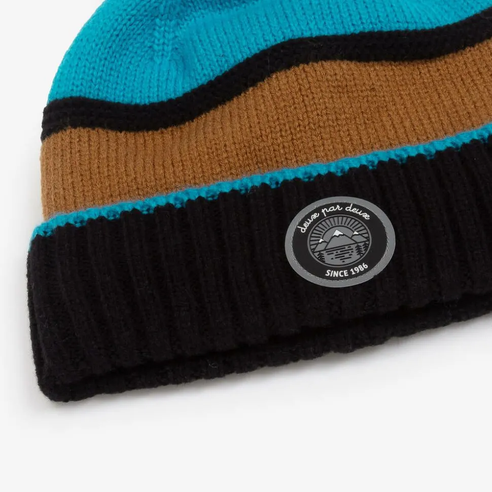 Blue & Brown Knitted Pom-Pom Hat