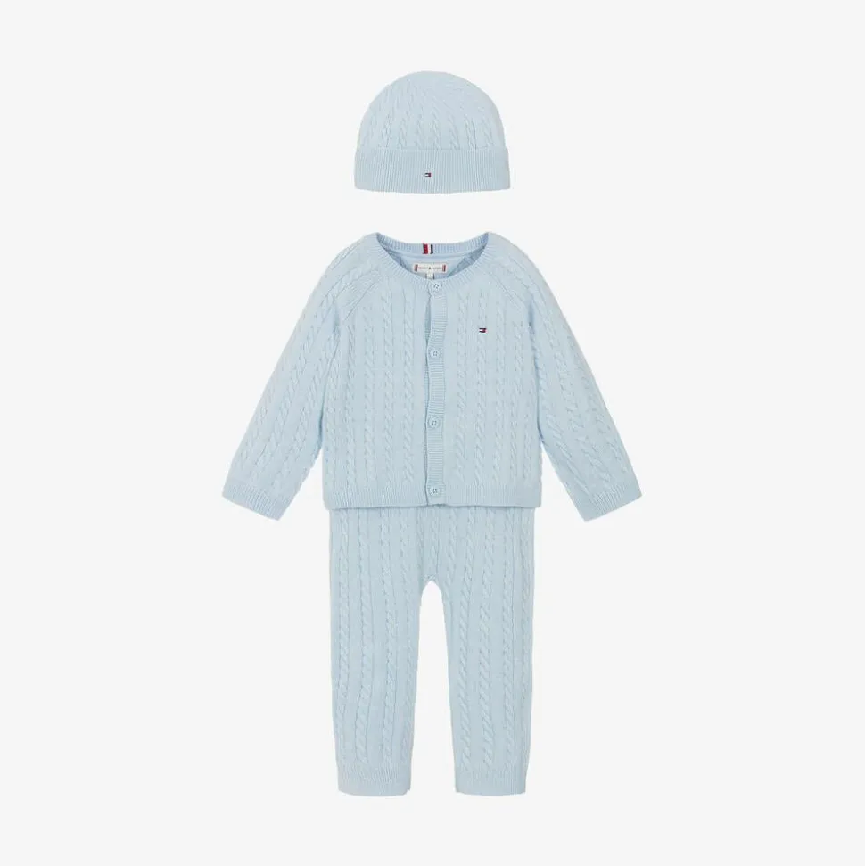 Blue Cotton & Wool Knit Baby Trouser Set