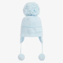 Blue Knitted Cotton Pom-Pom Hat