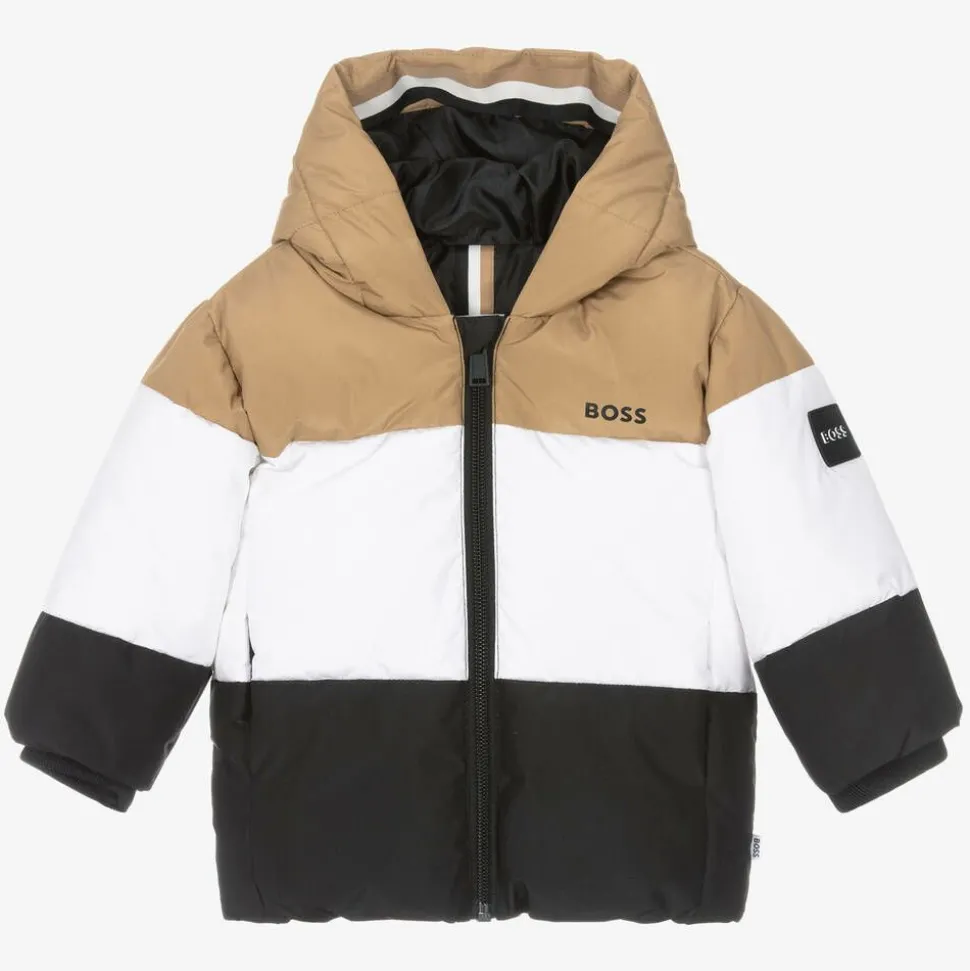 Boys Beige & Black Stripe Hooded Coat