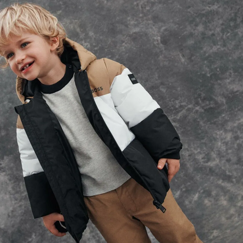 Boys Beige & Black Stripe Hooded Coat