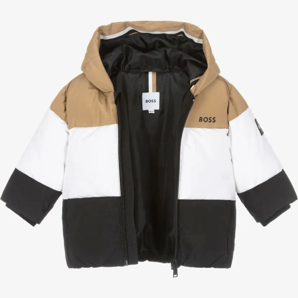 Boys Beige & Black Stripe Hooded Coat