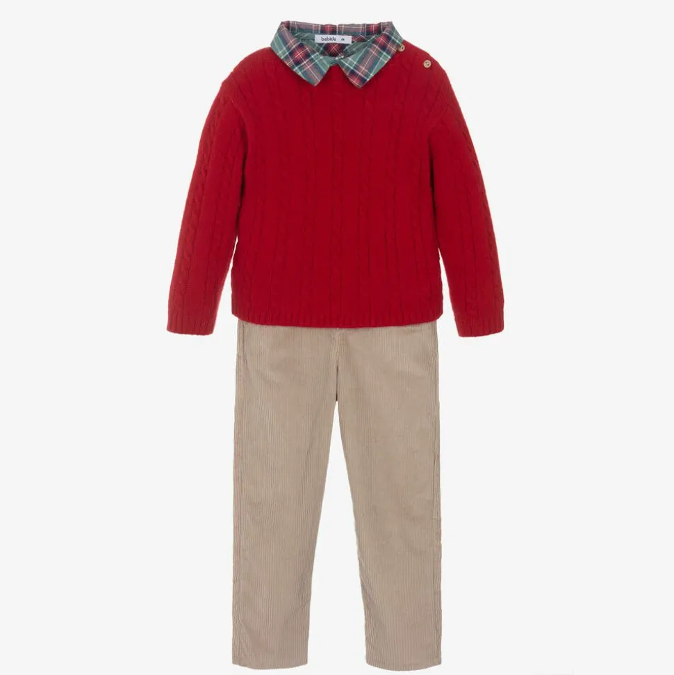 Boys Beige & Red Cotton Trouser Set