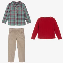 Boys Beige & Red Cotton Trouser Set