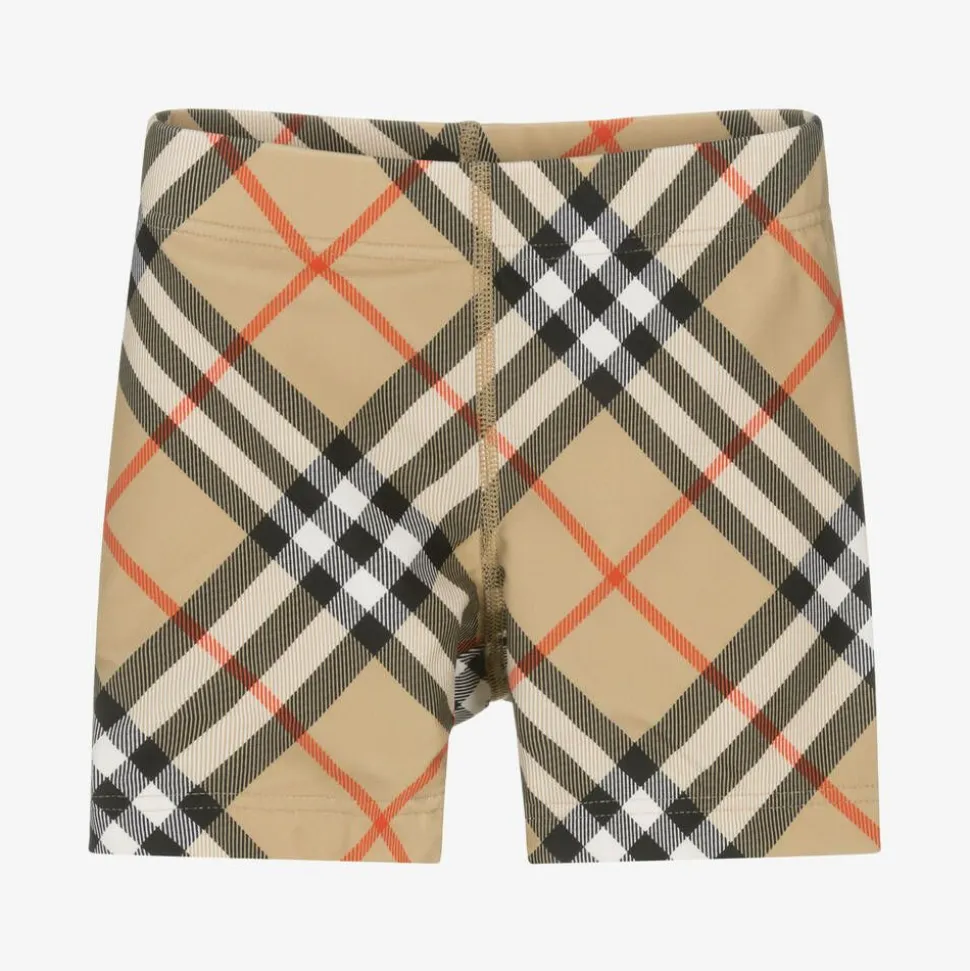 Boys Beige Check Swim Shorts
