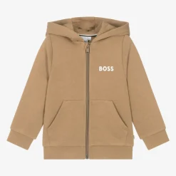 Boys Beige Cotton Zip-Up Top