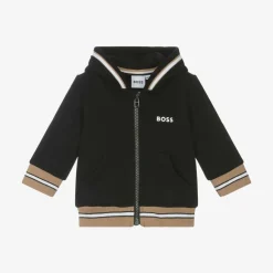 Boys Black Cotton Zip-Up Hoodie