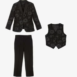 Boys Black Floral Jacquard Suit