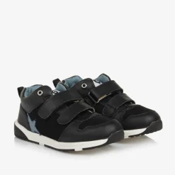 Boys Black Leather & Mesh Velcro Trainers