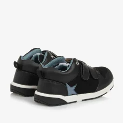 Boys Black Leather & Mesh Velcro Trainers