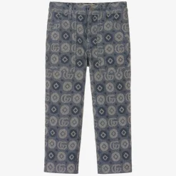 Boys Blue Cotton Jacquard Logo Trousers