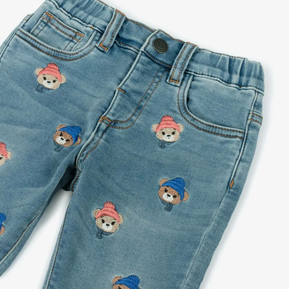 Boys Blue Denim Embroidered Bear Jeans