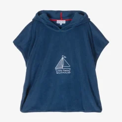 Boys Blue Towelling Boat Logo Poncho