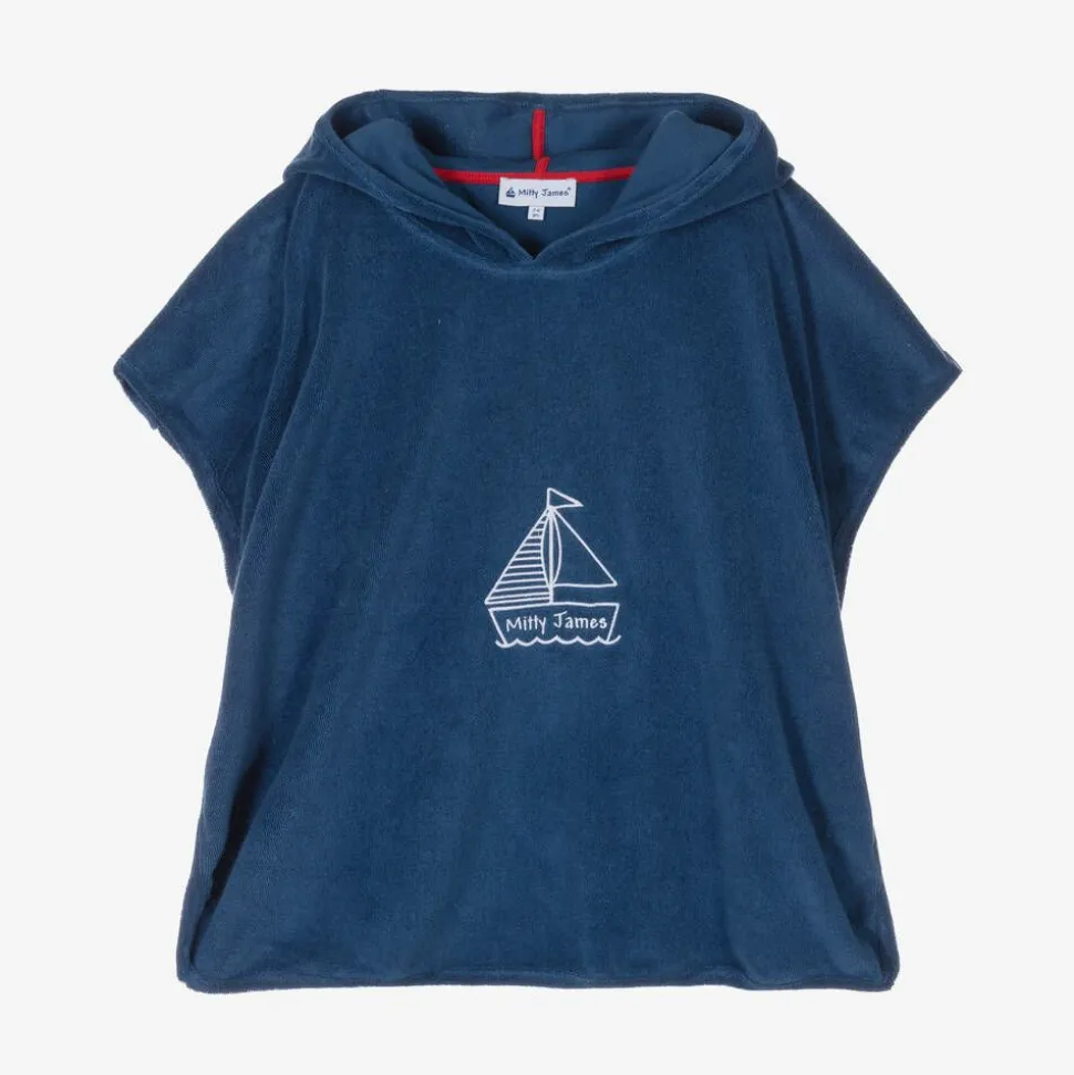 Boys Blue Towelling Boat Logo Poncho