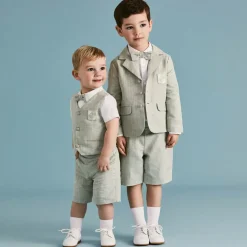 Boys Green Cotton & Linen Shorts Suit