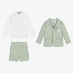 Boys Green Cotton & Linen Shorts Suit