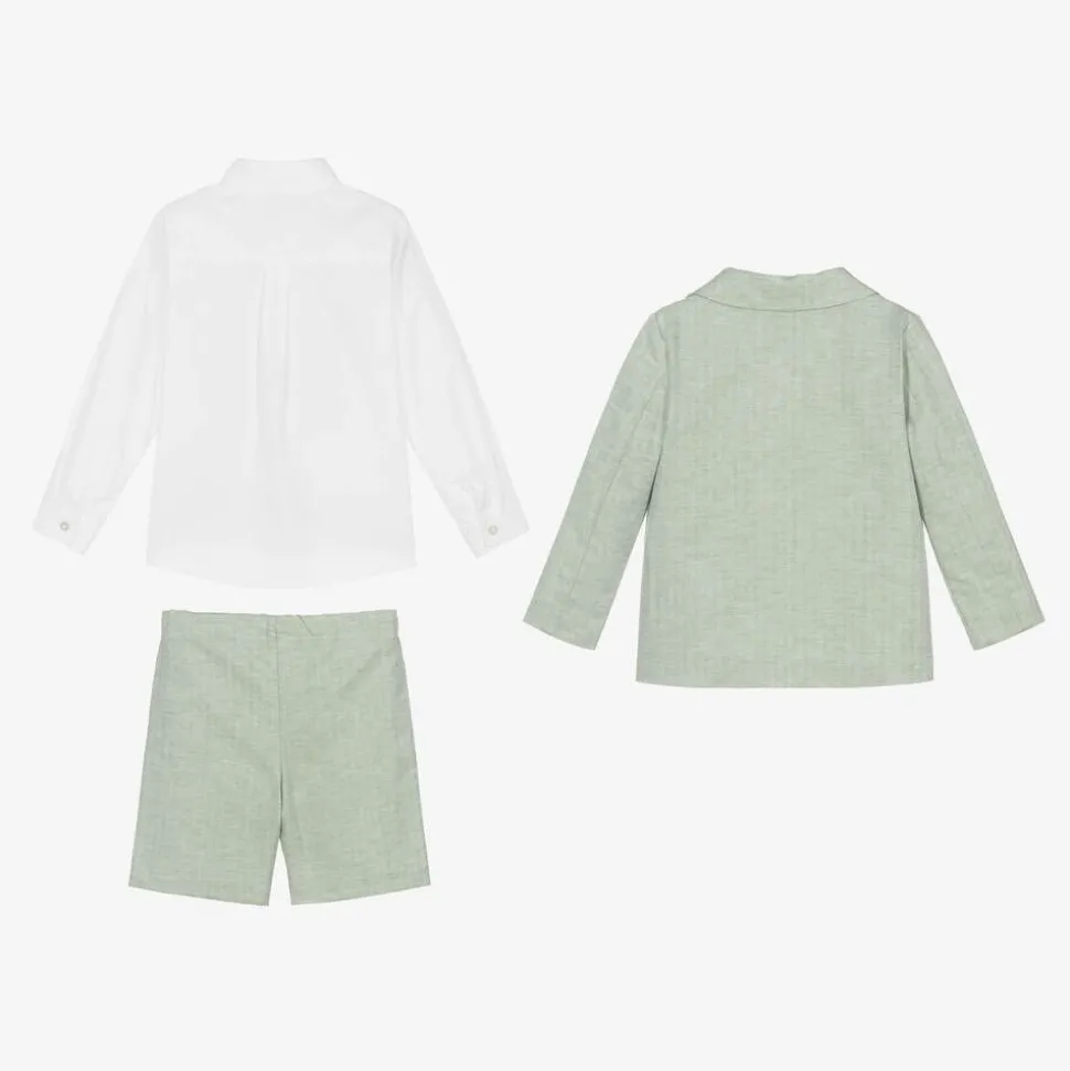 Boys Green Cotton & Linen Shorts Suit