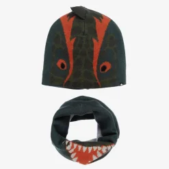 Boys Green Knit Dinosaur Hat & Snood Set